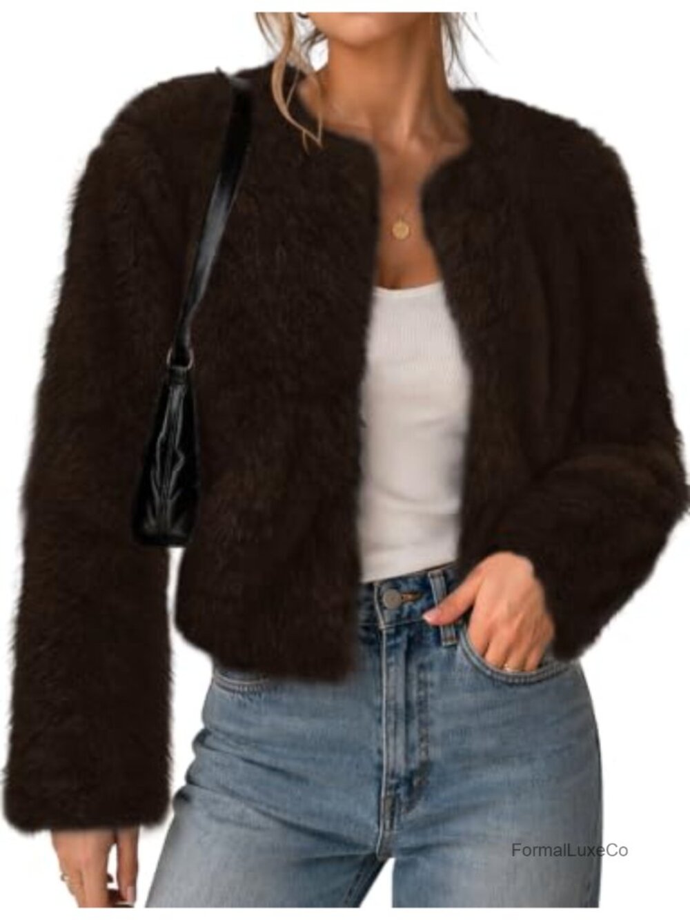Faux Fur Cropped Open Front Cardigan Long Sleeve Winter Coat